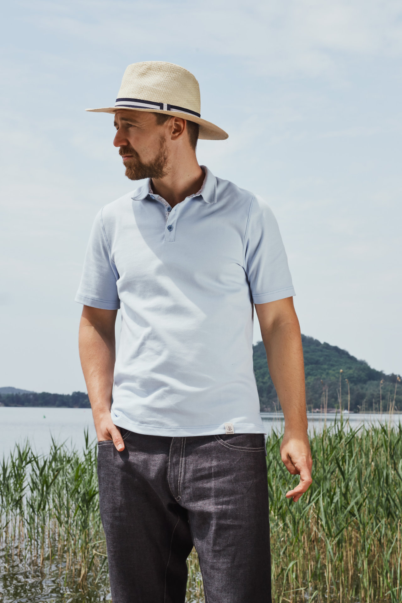 Heroj, pánské polotričko s šitým límcem, bavlna, světle modré